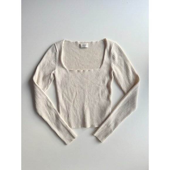 Aritzia WILFRED Leighton Oat Modal Wool Ribbed Knit Square Neck Sweater, Size S - Picture 5 of 15